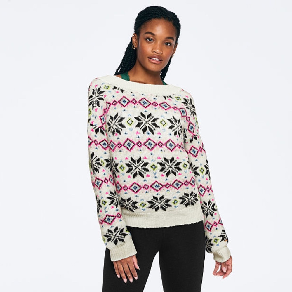 Victoria's Secret PINK Reversible V-Neck Sweater White Fairisle Large NEW